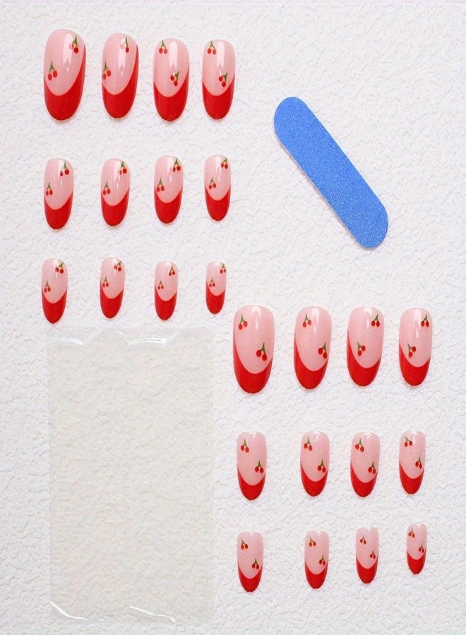 GRITOSE Red Press on Nail Short Fake Nails French Tip Press ones with designs Cherry False Nails Glossy Almond Acrylic Nail Artificial Gel Cute Glue on Nails for Women Manicure24pcs - Image 2